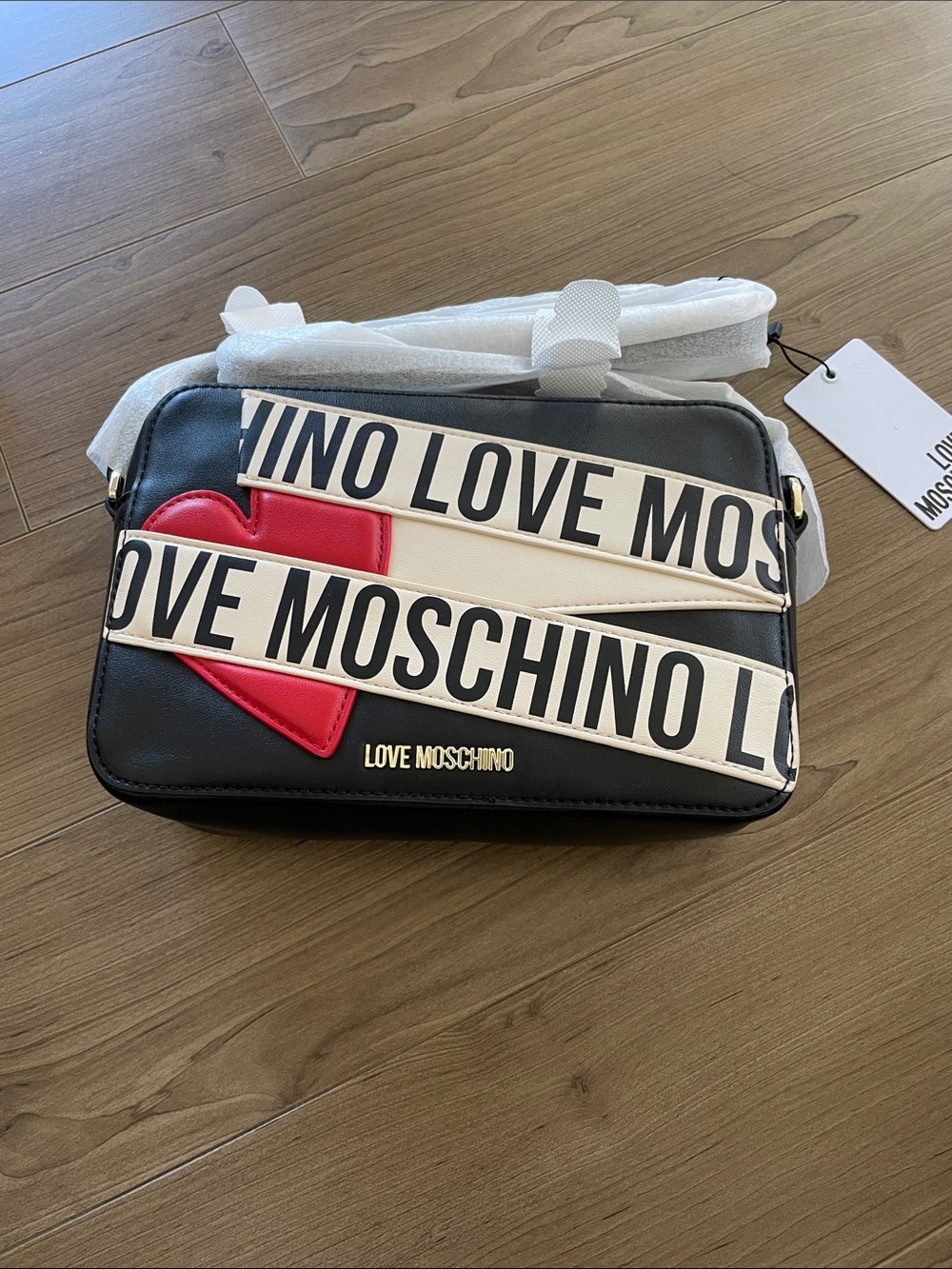 Love Moschino Black Crossbody with Red Heart and White Strap Brand New